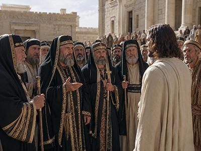 Jesus answers hostile questions on the Temple Mount.